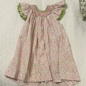 Girls Pink Floral Smocked Flutter Sleeve Dress